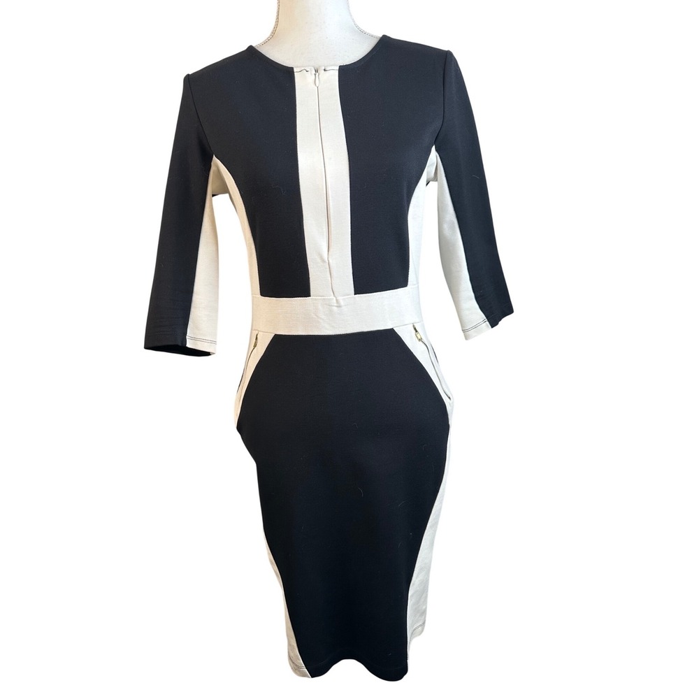 Vijo Couture Black Ivory Colorblock Zip Pocket Midi Sheath Dress Size Small - Picture 2 of 8